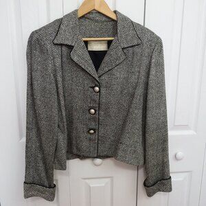 Stefania Gracile Couture Silk Cropped Herringbone Blazer Jacket Size 14